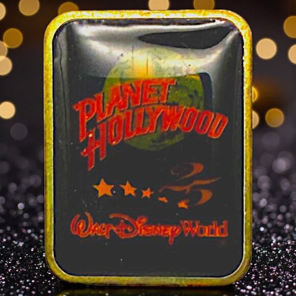 Vintage 1991 Planet Hollywood Pin Collectible Gold & Black Rectangular Lapel Bad - Picture 1 of 5